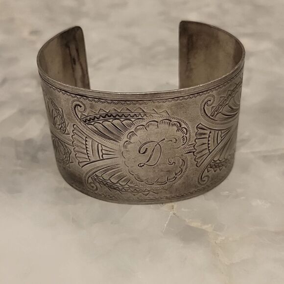 Vintage1900s RARE Victorian Engraved Sterling Silver Napkin Ring Cuff Bracelet - Picture 1 of 13